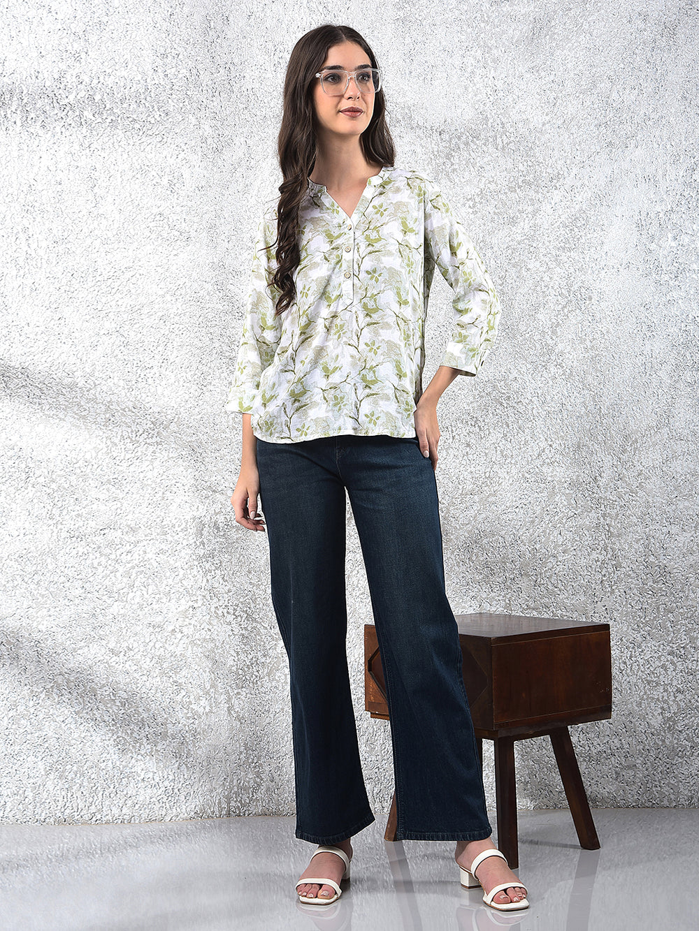 Green Floral Print V-Neck Linen Top