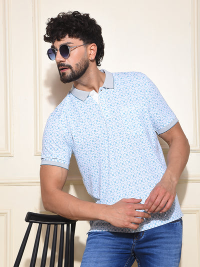 Blue Printed Polo-Neck T-Shirt