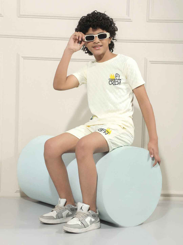 Cream Jacquard Textured Casual Shorts