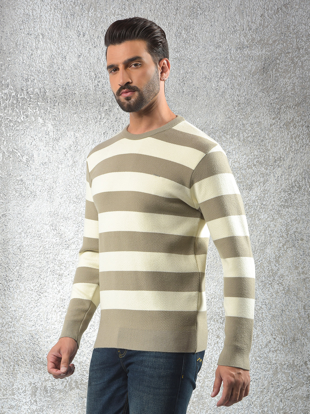 Beige Horizontal Stripes Sweater