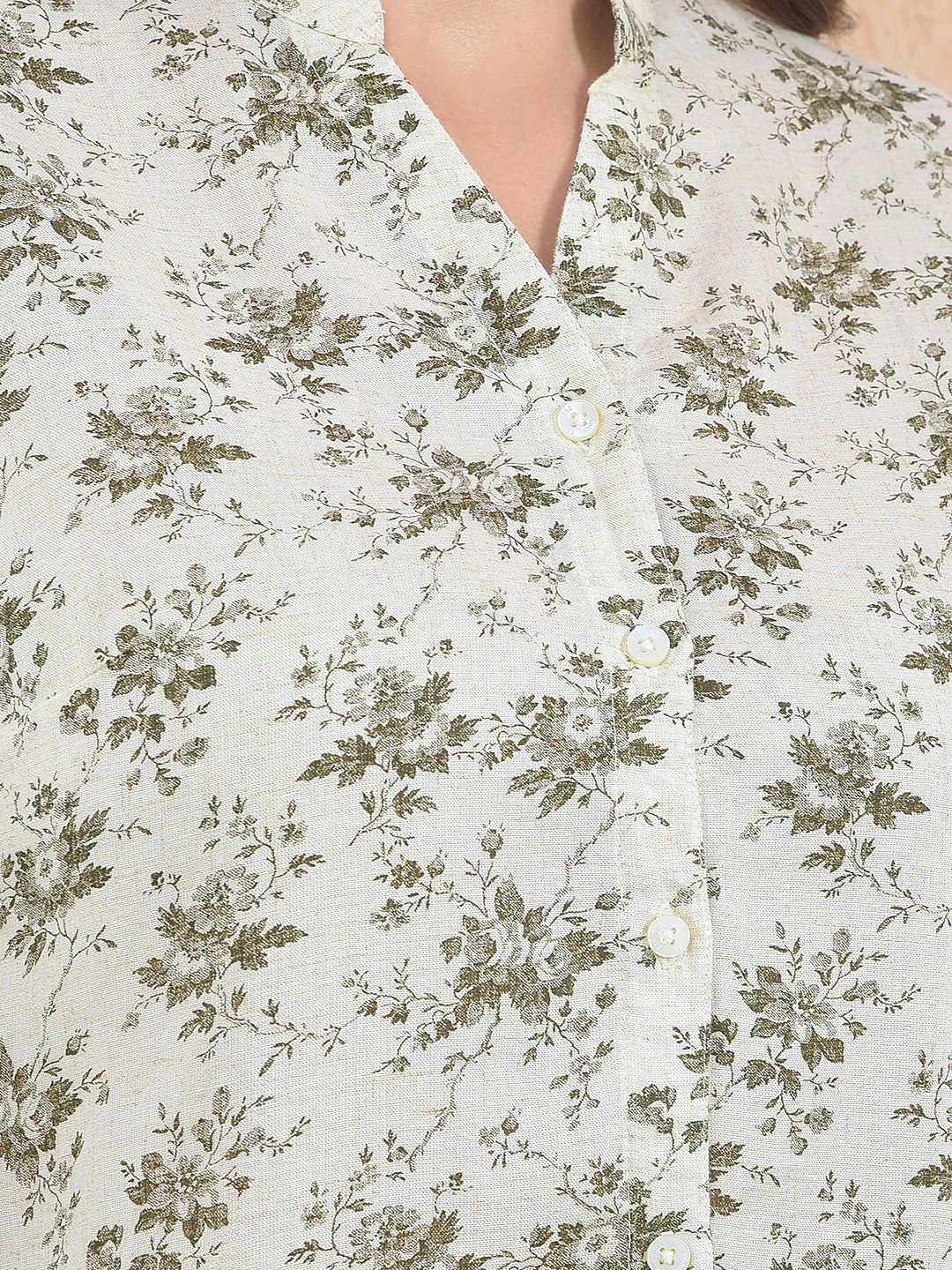 Printed Linen Beige V-Neck Shirt