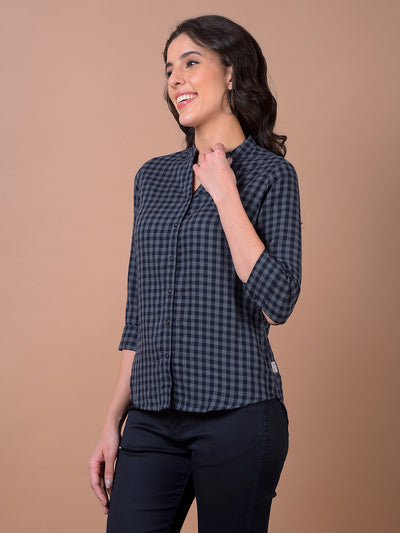 Blue Checked 100% Cotton V-Neck Shirt