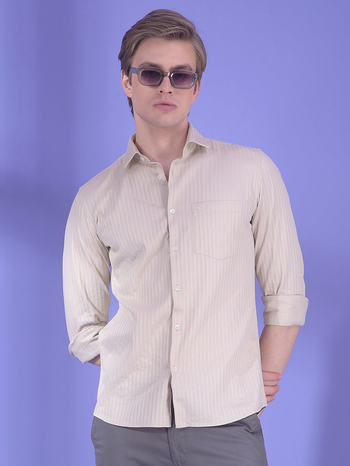 Beige Vertical Stripes 100% Cotton Shirt