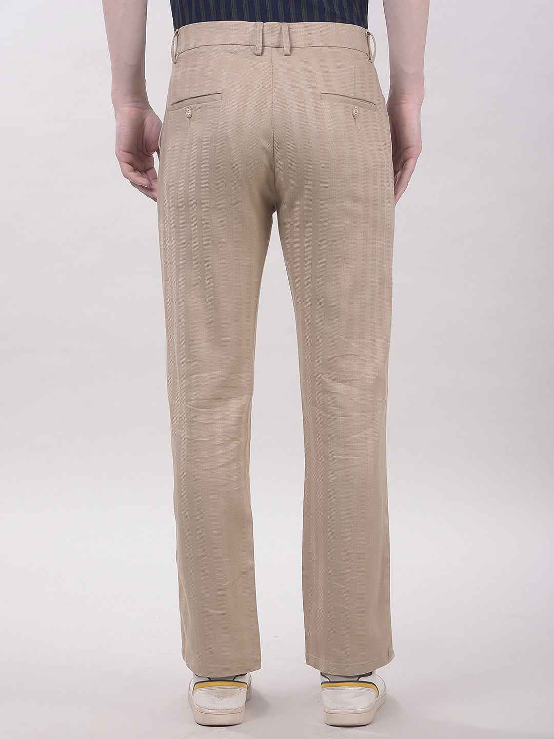 Beige Vertical Stripes Chinos Trousers