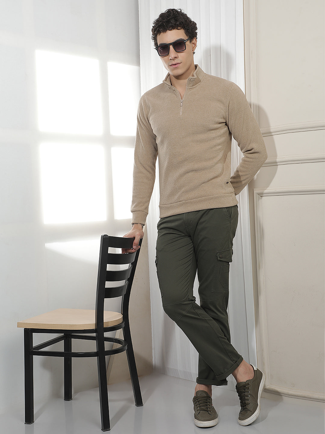 Beige Jacquard High Neck Sweatshirt
