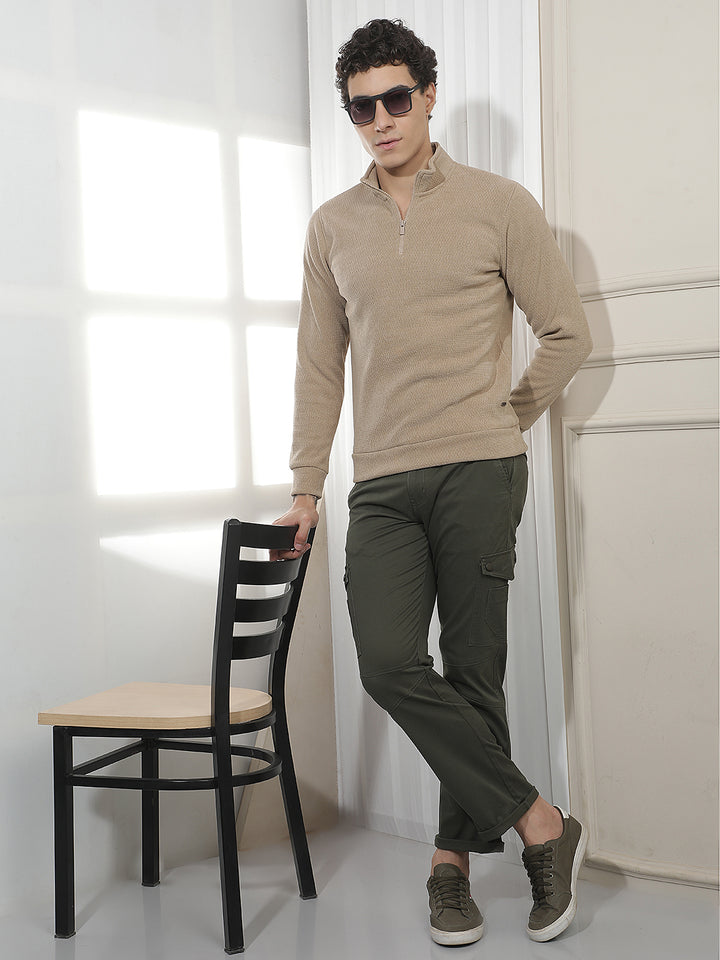 Beige Jacquard High Neck Sweatshirt
