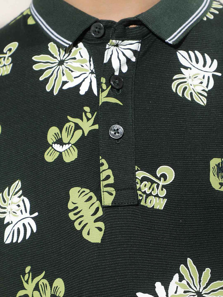 Tropical Print Green Polo T-Shirt