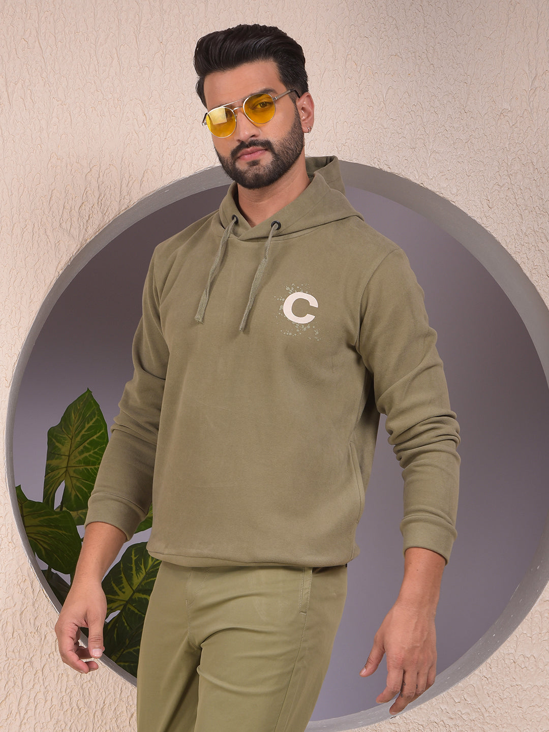 Olive Typographic Print Hooded Neck Sweatshirt