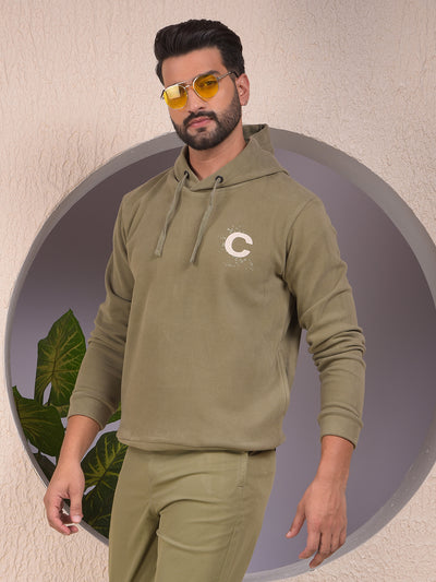 Olive Typographic Print Hooded Neck Sweatshirt