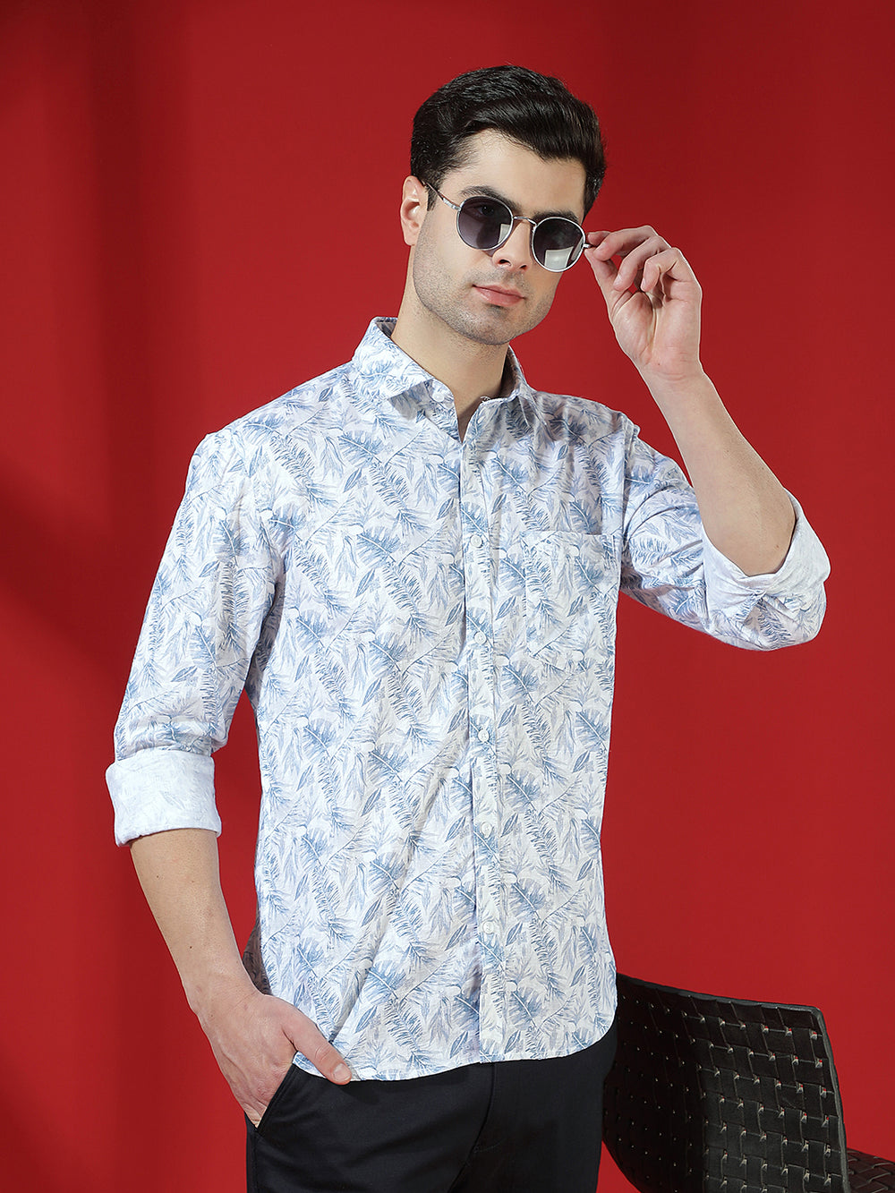 Beige Floral Print Linen Shirt