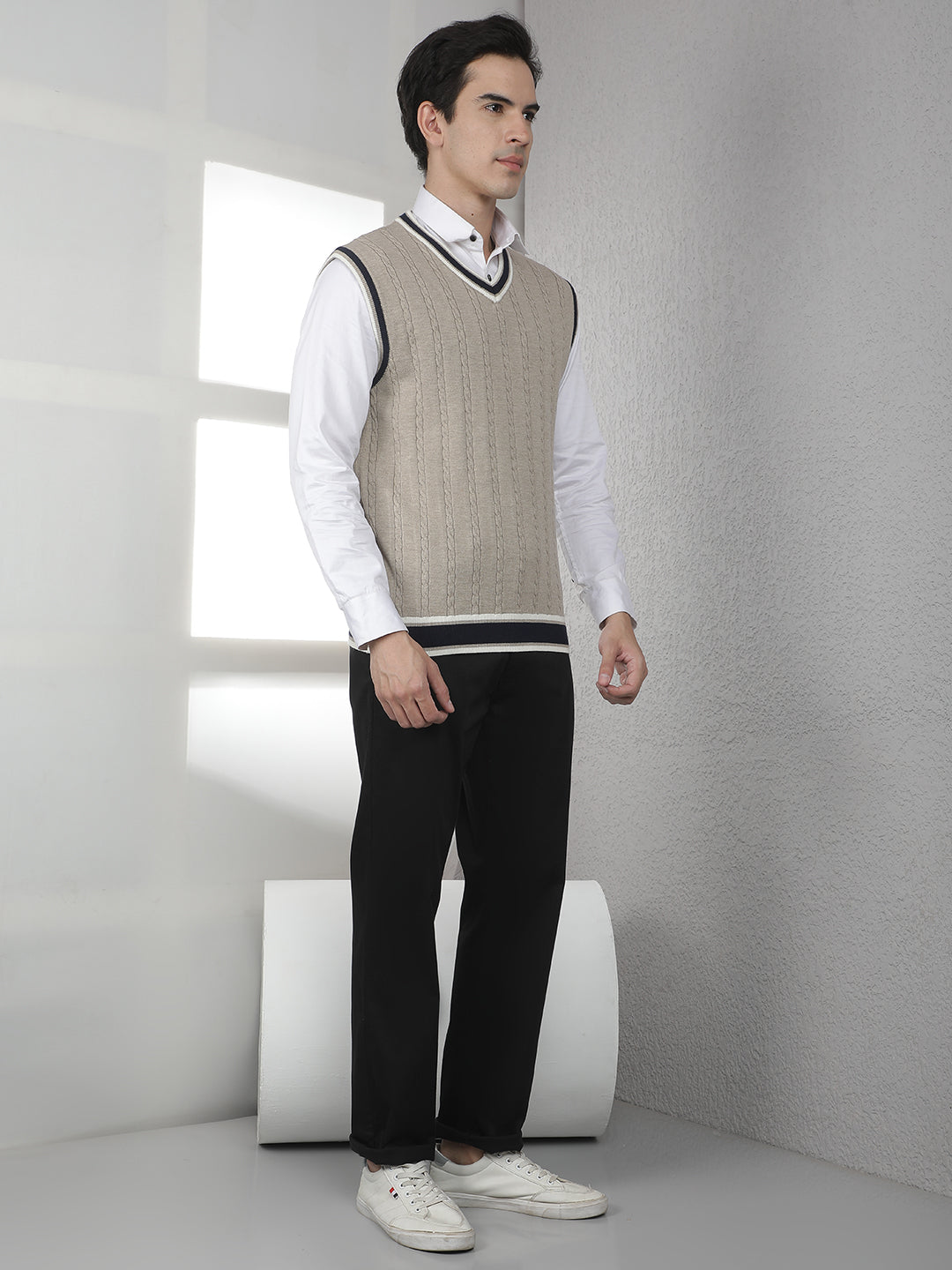 Beige Jacquard V-Neck Sleeveless Sweater