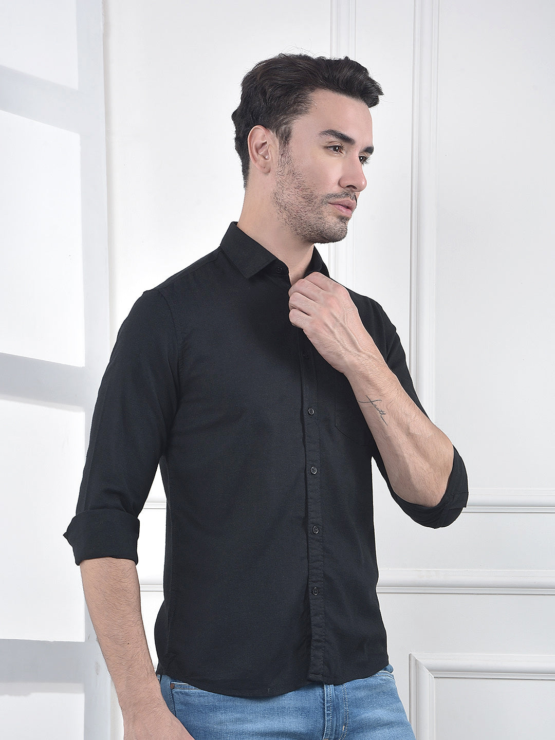 Black Linen Blend Casual Shirt