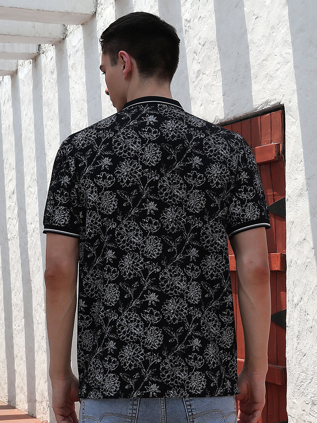 Black Floral Print Polo Neck T-Shirt
