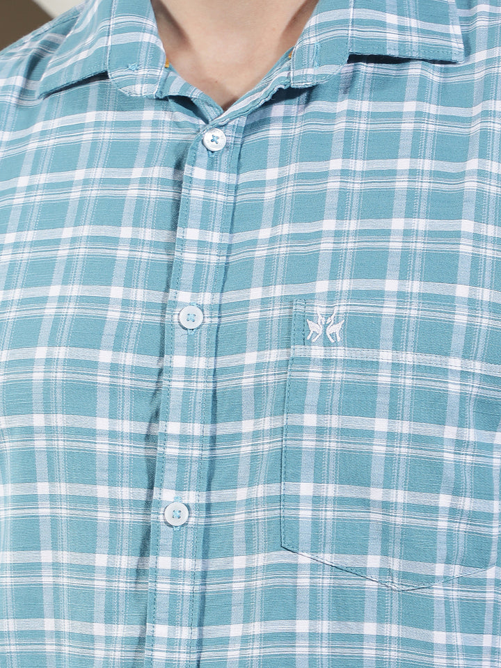 Structured Ocean Blue Checked Shirt