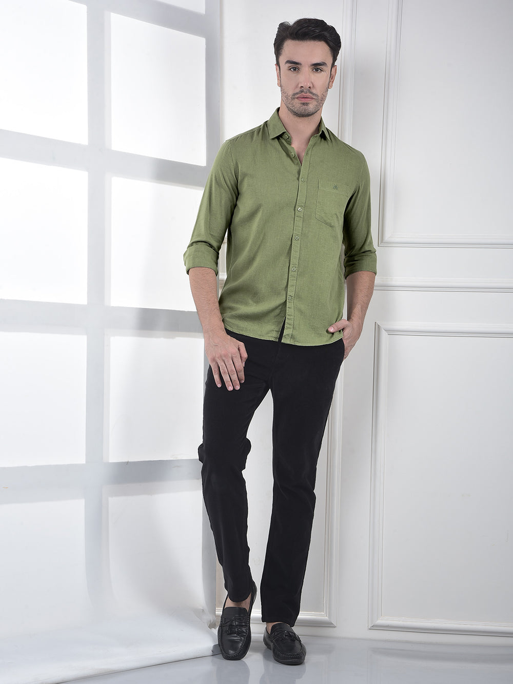 Green Linen Blend Casual Shirt