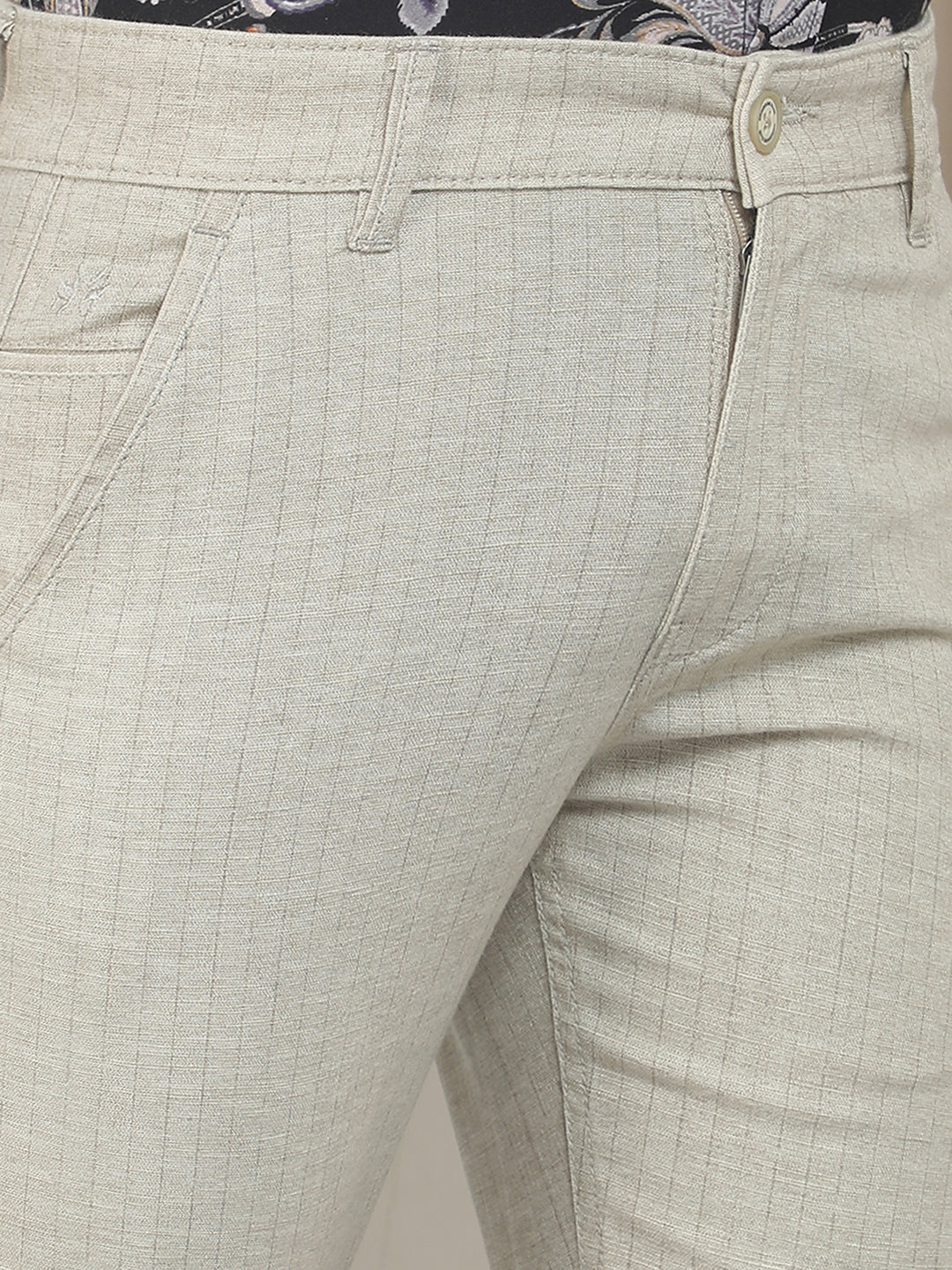 Beige Cotton Striped Stretchable Trousers
