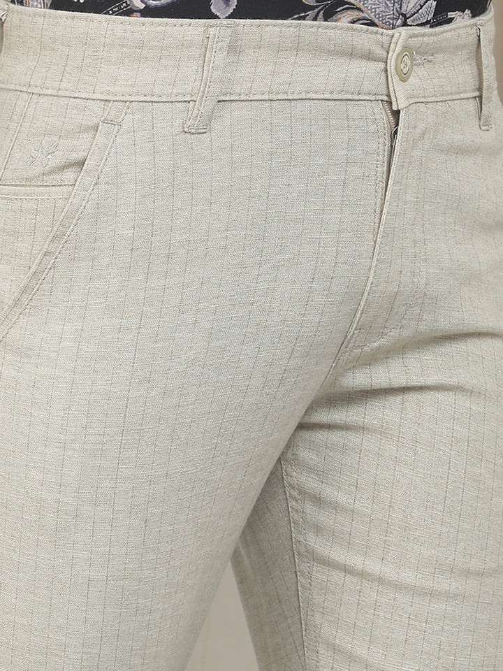 Beige Cotton Striped Stretchable Trousers