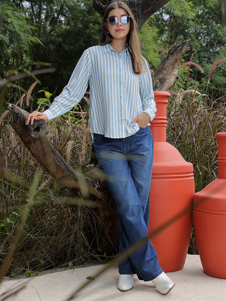 Contemporary Coastal Blue Striped Shirt