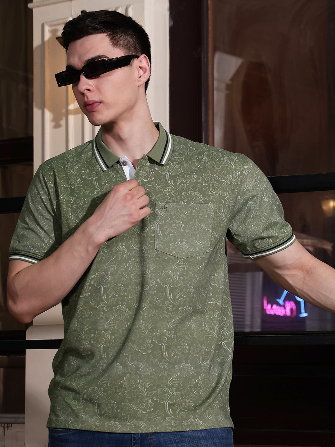 Green Floral Print Polo Neck T-Shirt