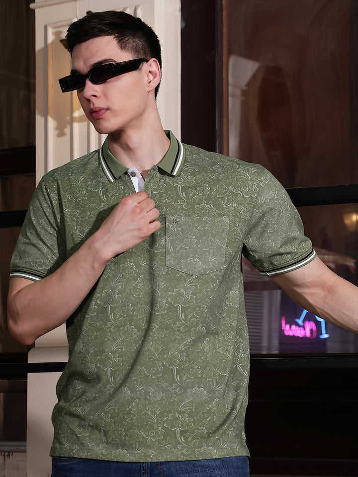 Green Floral Print Polo Neck T-Shirt