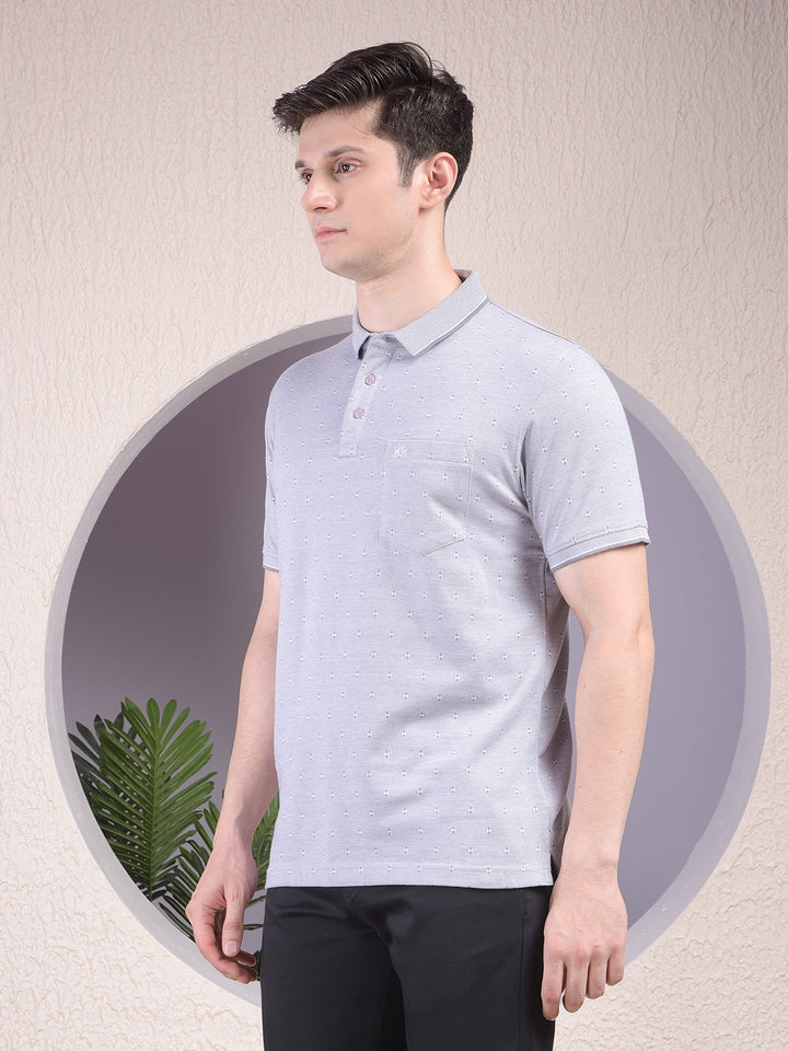 Grey Printed Polo Neck T-Shirt-Men T-Shirts-Crimsoune Club