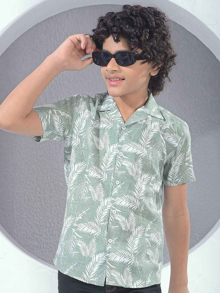 Green Floral Print Resort-Collar Shirt