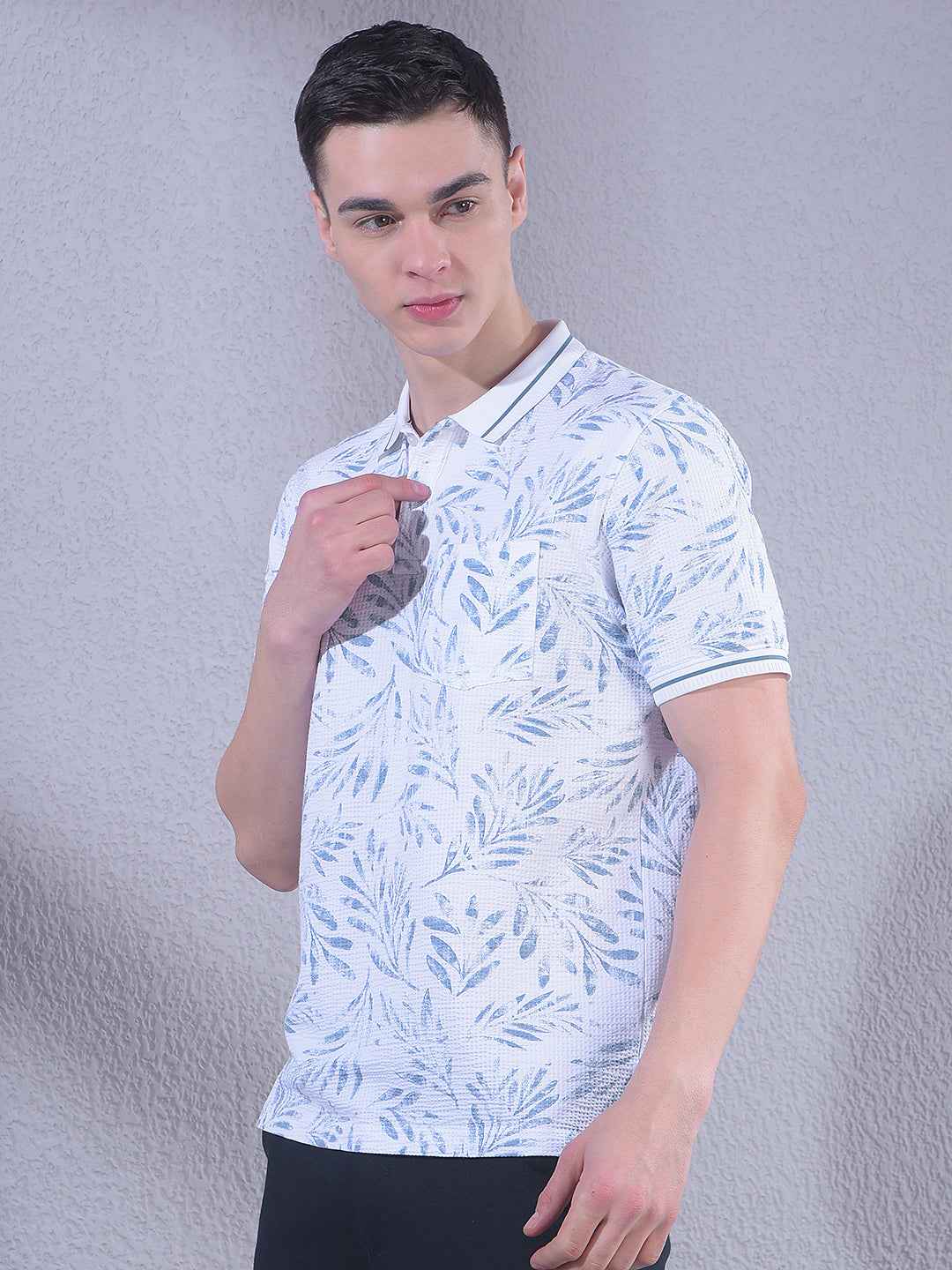 Blue Floral Print Polo Neck T-Shirt