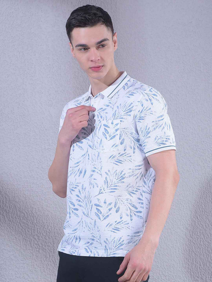 Blue Floral Print Polo Neck T-Shirt