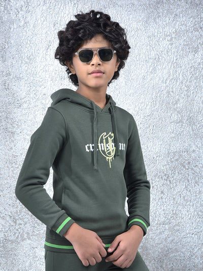 Olive Typographic Print Hooded Neck Sweatshirt