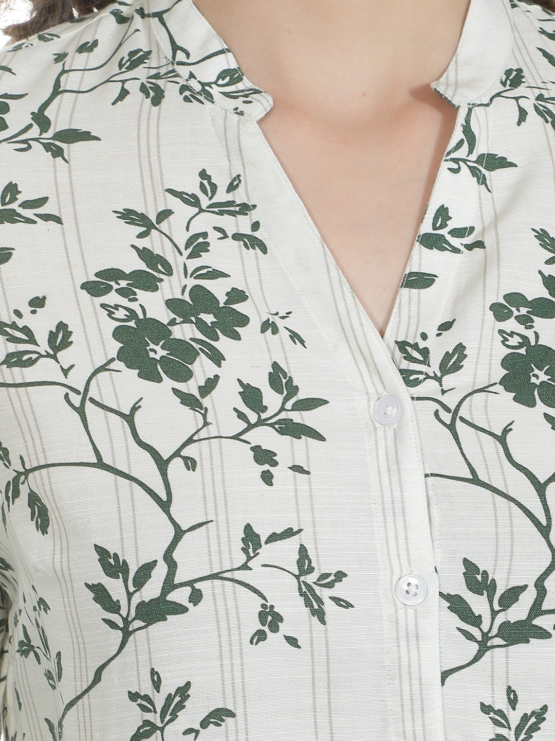 Green Floral Print V-Neck Linen Shirt