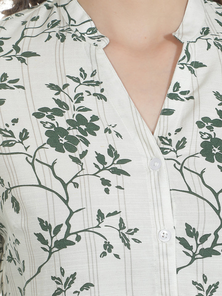 Green Floral Print V-Neck Linen Shirt