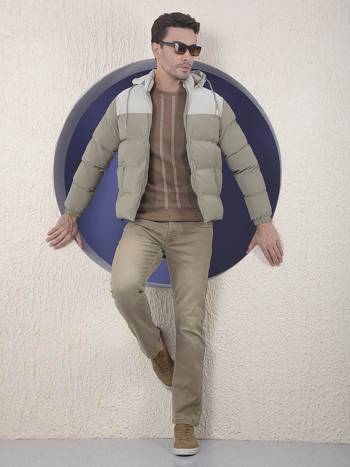  Colorblocked Puffer Hooded Khaki Jacket