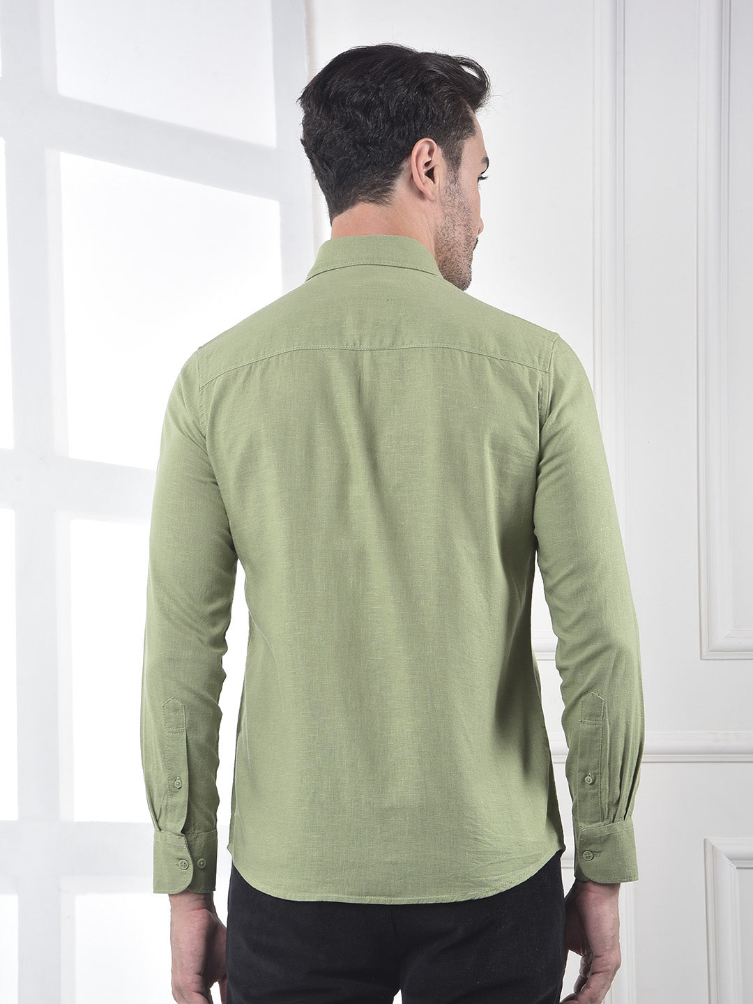 Green Linen Blend Casual Shirt