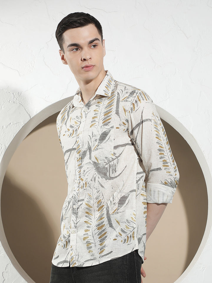 Grey Botanical Print Linen Shirt