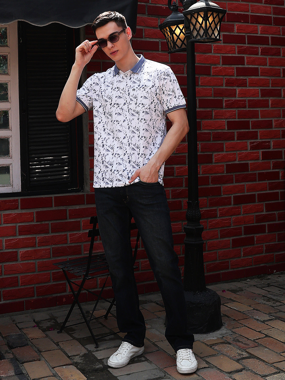 Blue Printed Polo Neck T-Shirt