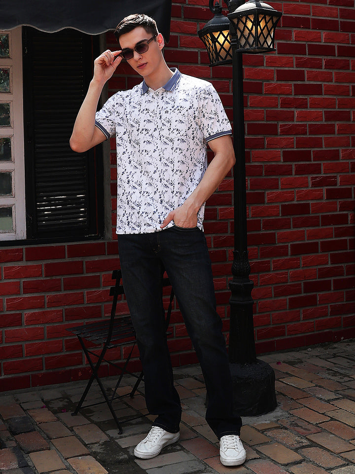Blue Printed Polo Neck T-Shirt