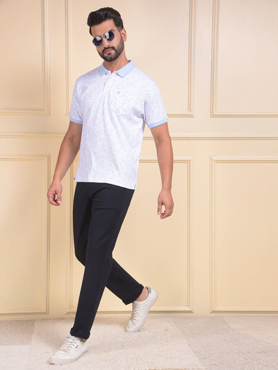 Blue Printed Polo Neck 100% Cotton T-Shirt
