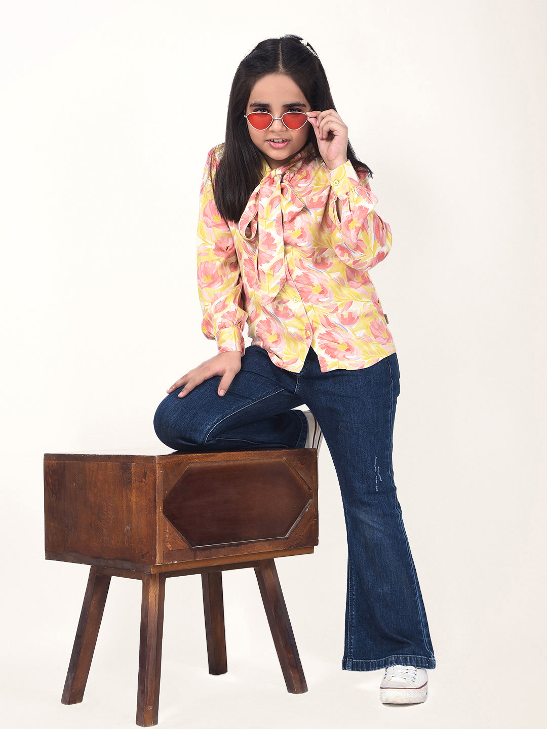 Orange Floral Print Tie-Up Neck Shirt