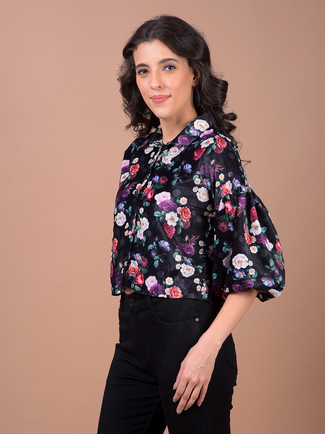 Multi-Color Floral Print Cropped Shirt