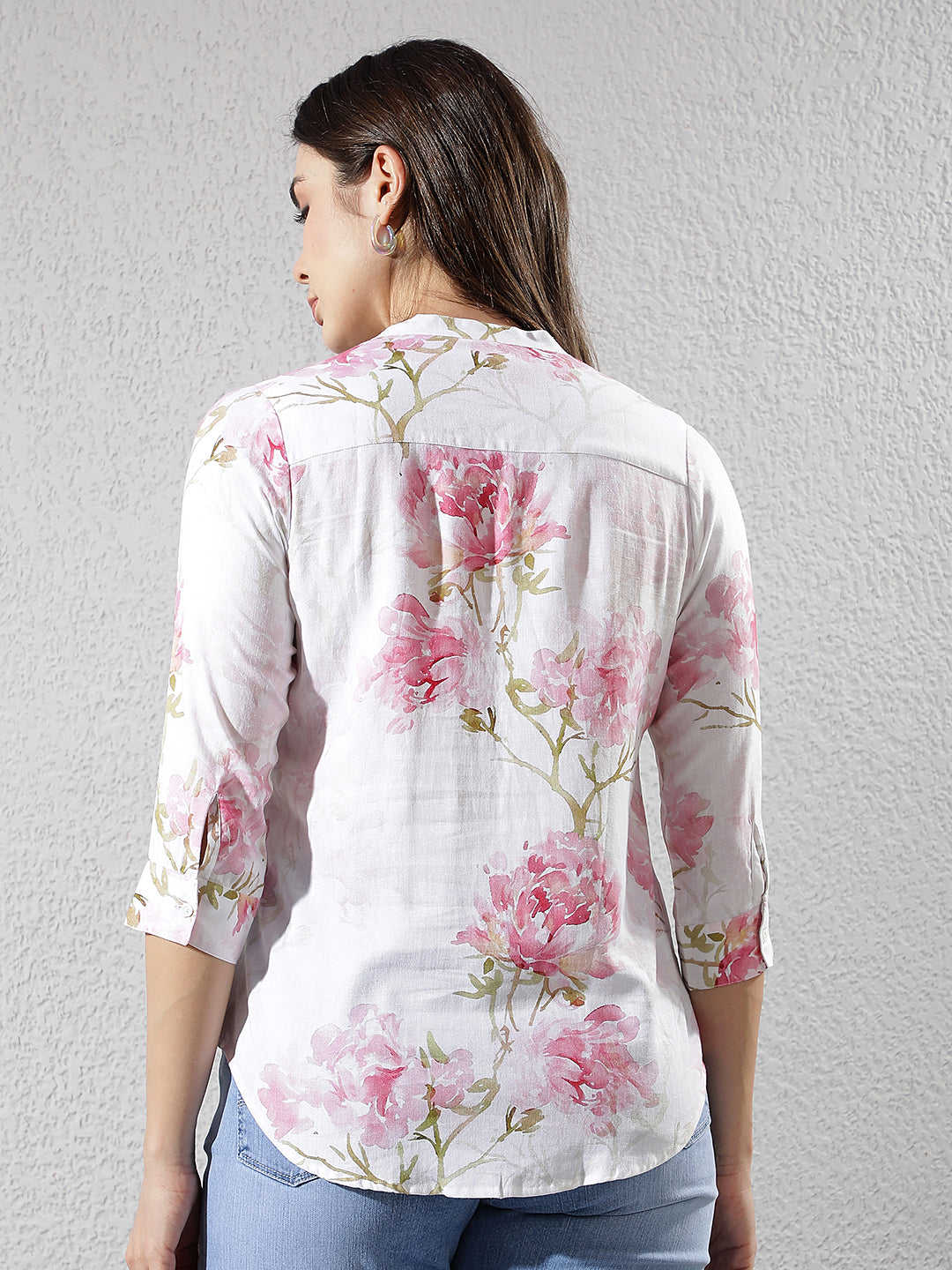 Pink Floral Print V-Neck Linen Top