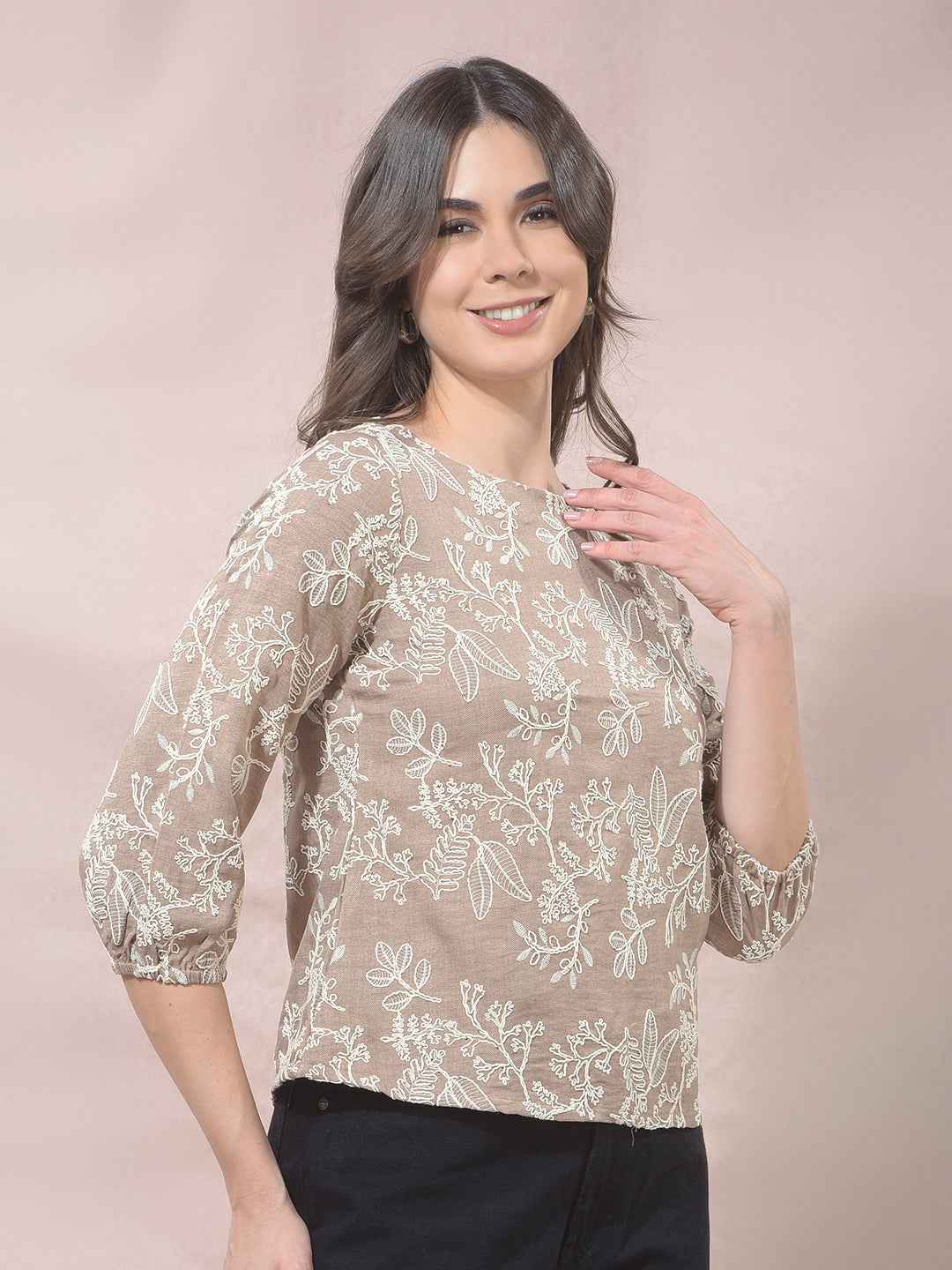 Beige Floral Embroidered Top