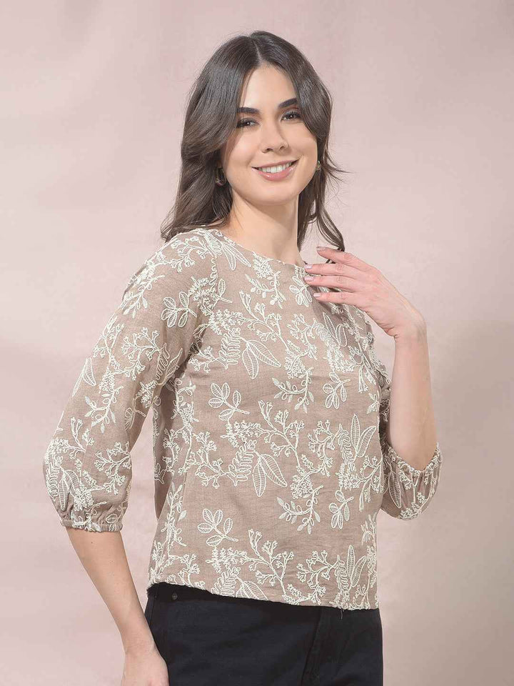 Beige Floral Embroidered Top