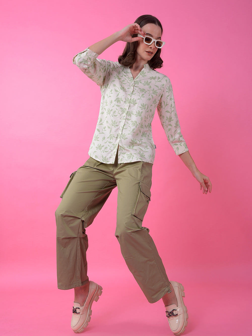 Green Floral Print V-Neck Shirt