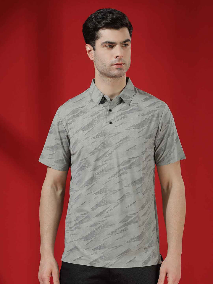 Grey Camouflage Print Polo T-Shirt