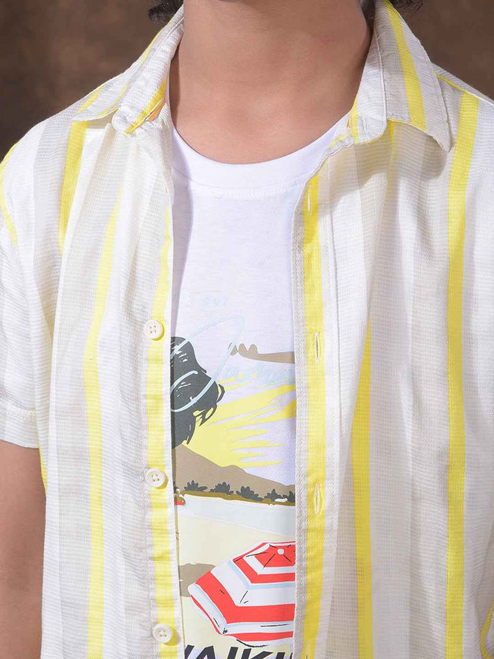 Yellow 100% Cotton Vertical Striped Shirt & Tee Set Layered Look