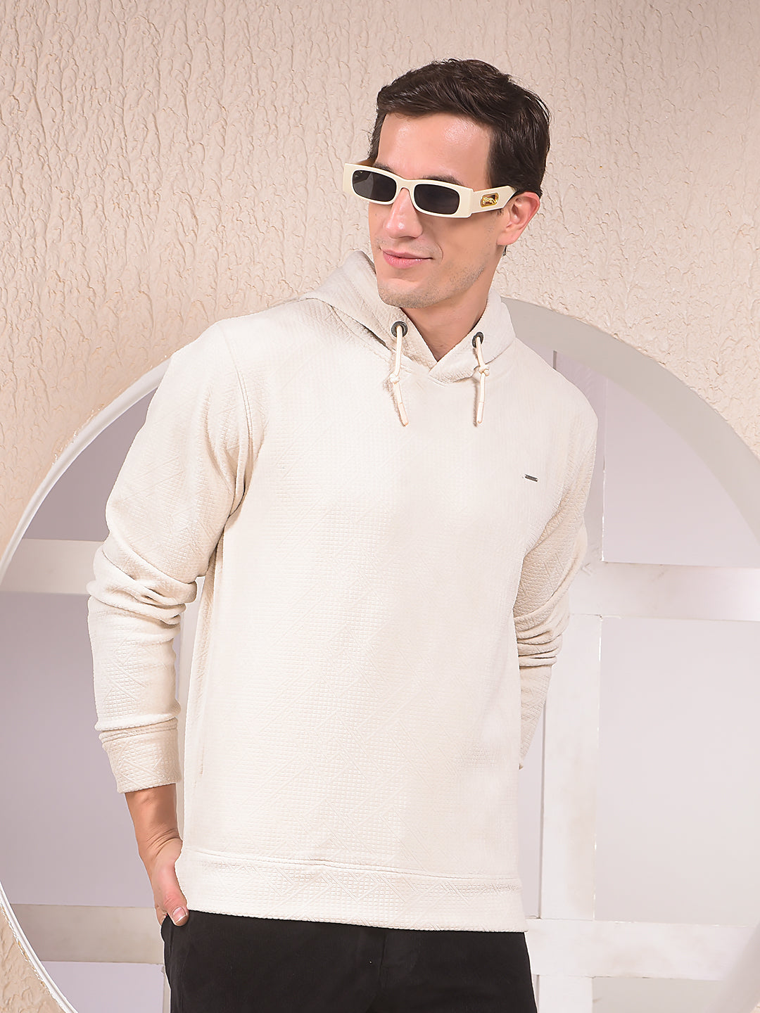 Off White Jacquard Hooded Neck Sweatshirt