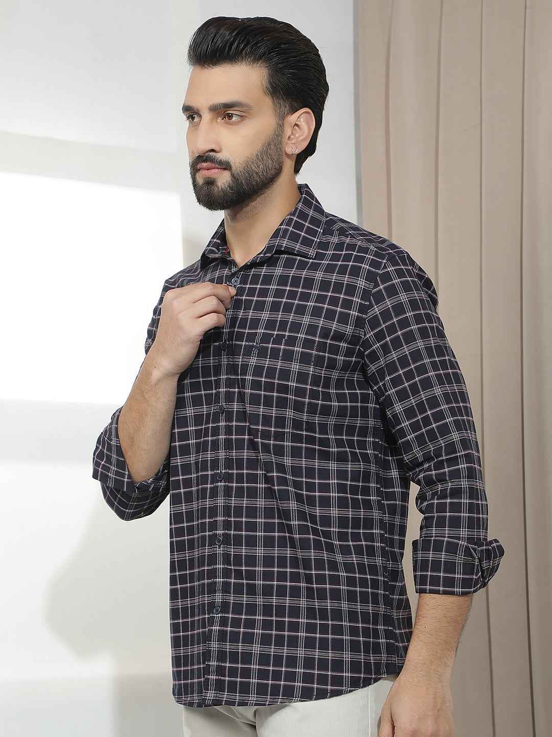 100% Cotton Navy Blue Checked Shirt
