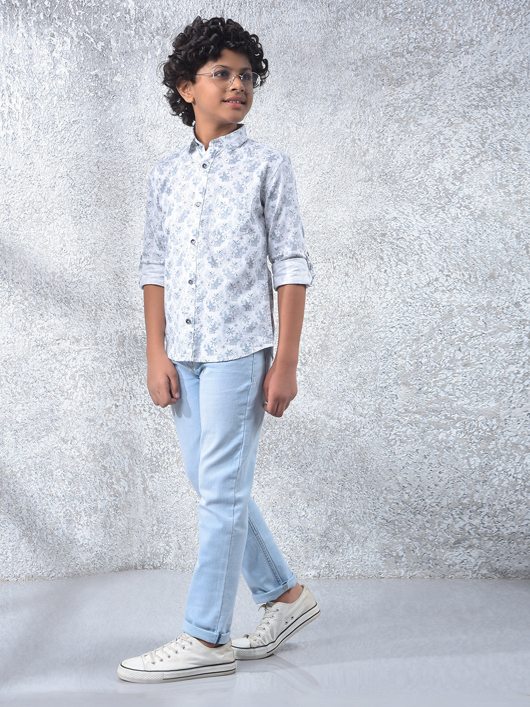 Grey Floral Print 100% Cotton Shirt-Boys Shirts-Crimsoune Club