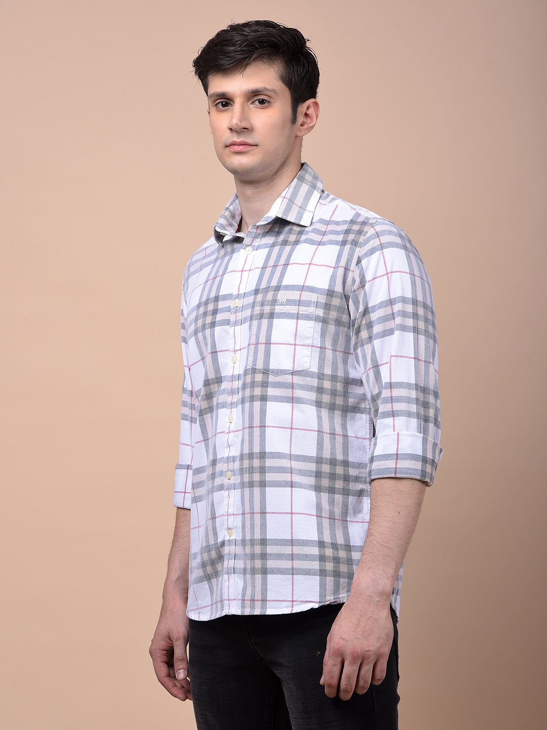 White Checked 100% Cotton Corduroy Shirt