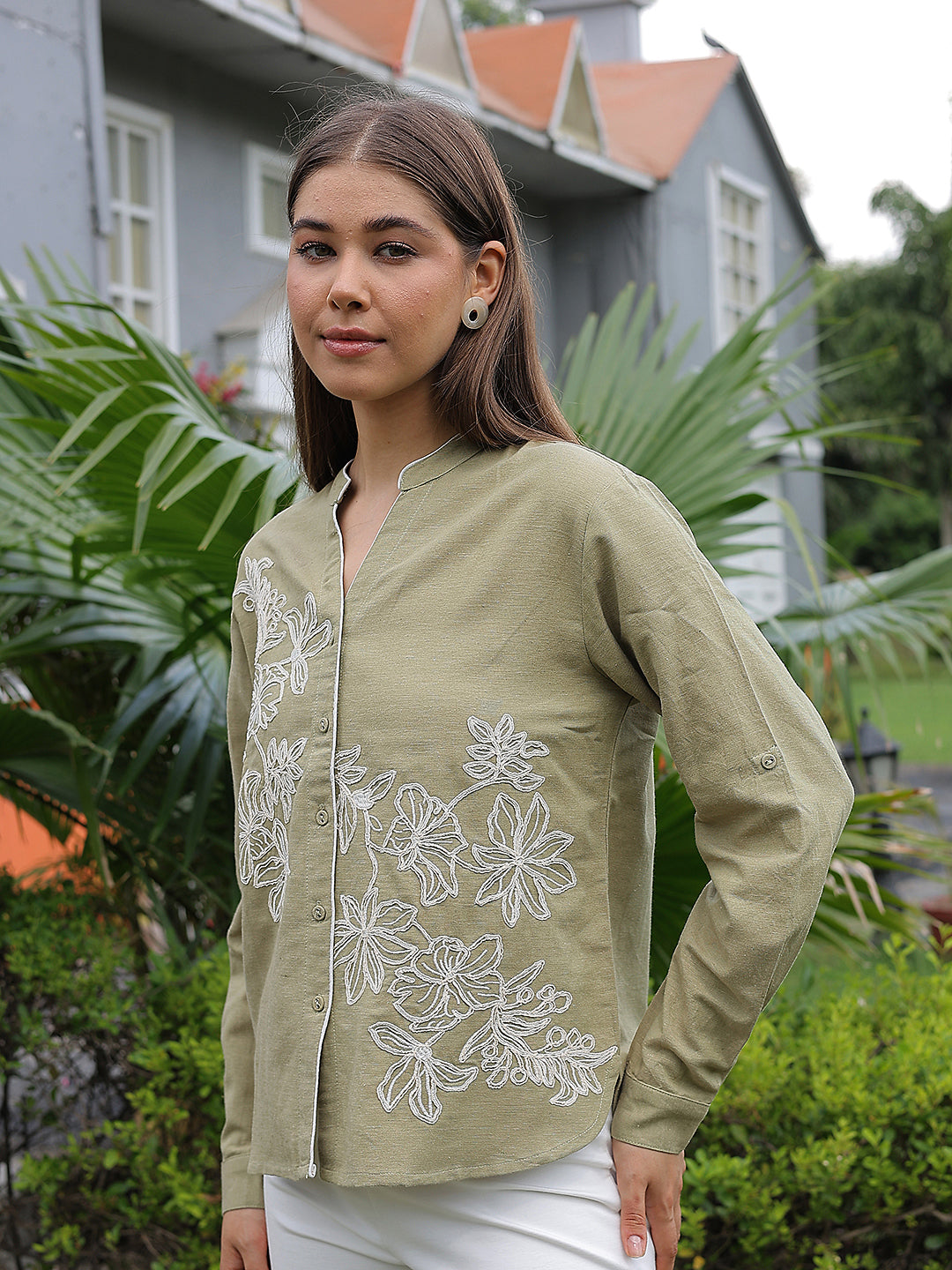 Olive Floral Embroidered V-Neck Shirt